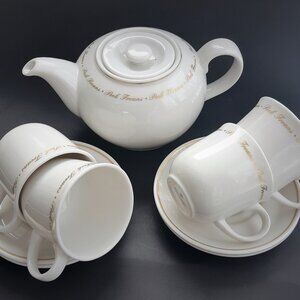 Royal Doulton Classic White & Gold Teapot + 4 Cups with Saucers Rare Advertising